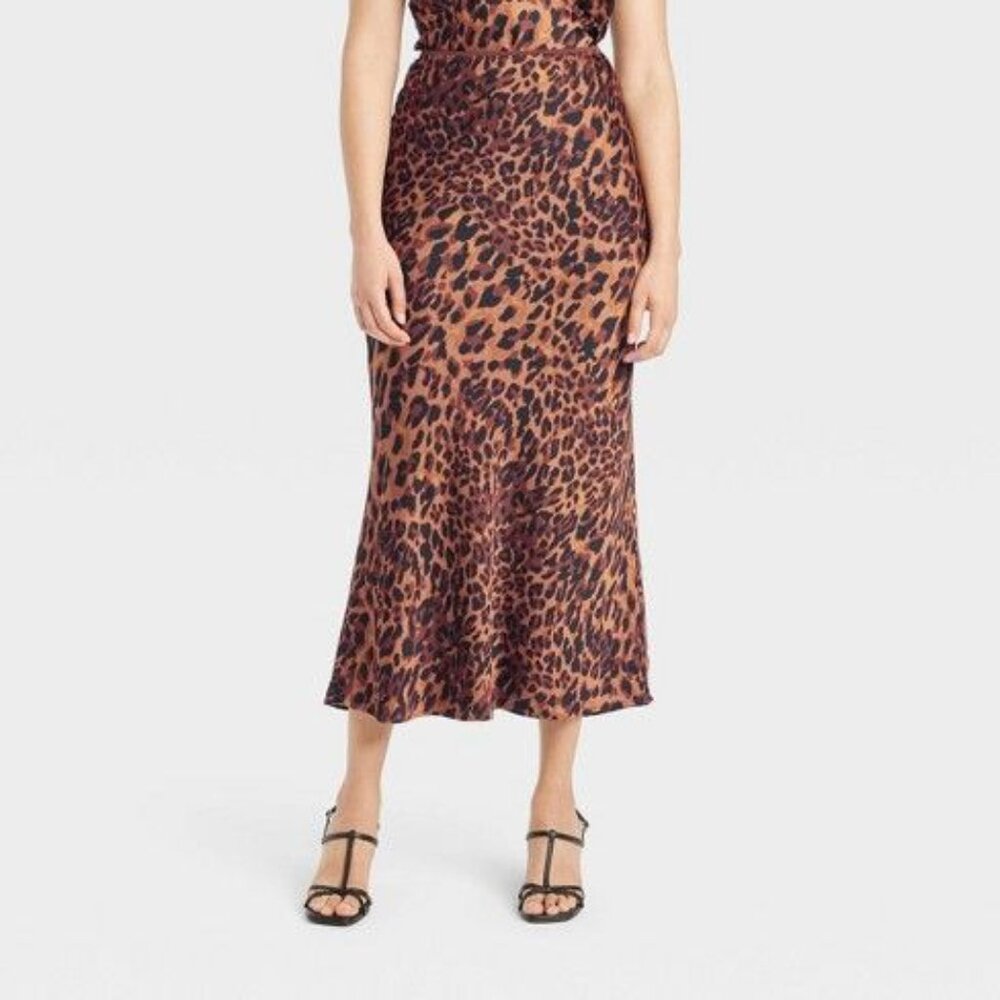 A New Day Women’s Leopard Print Trendy Elastic Waistband Maxi Slip Skirt Size XS